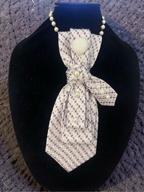 Pearl-Accented Purple Fabric Bow Necklace